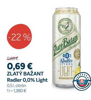 ZLATÝ BAŽANT Radler 0,0% Light, 0,5 l